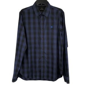 Scotch & Soda Men's Large Blue Black Gingham Check Shirt Blue Stretch Button Up